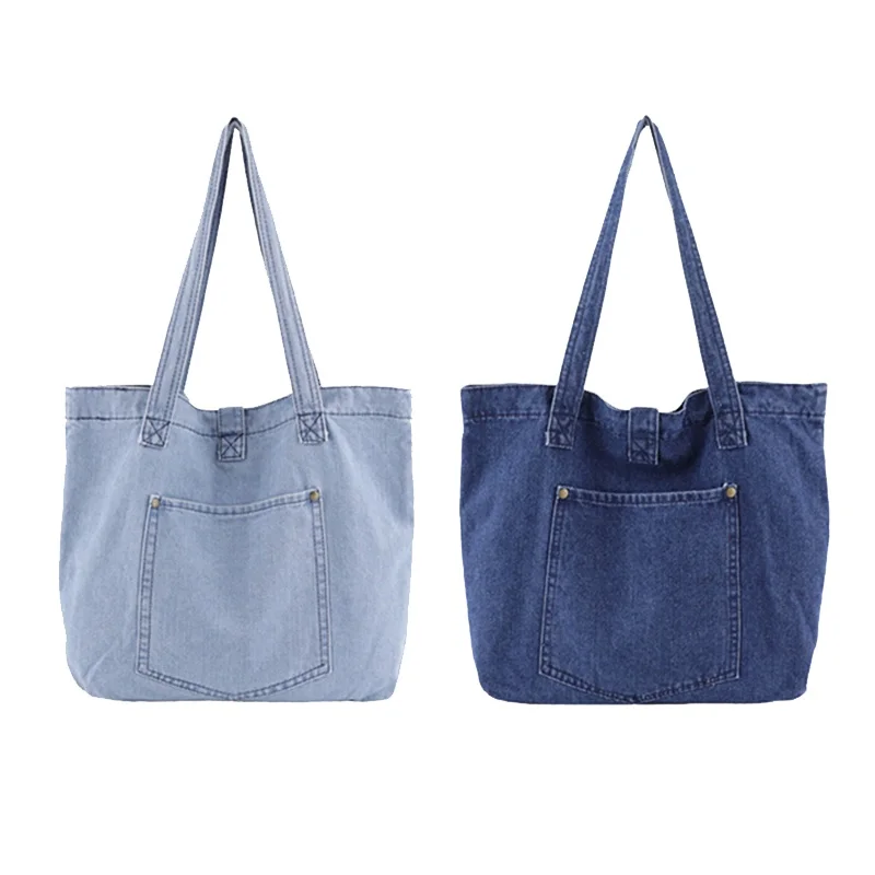 

Washdable Canvas Tote Bag Retro Denim Jeans Shoulder Bag, Deep blue / light blue / custom