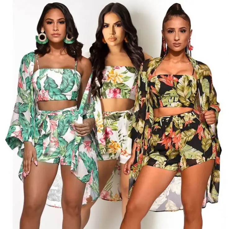 

MISSMOEN Hot Selling Fashion Flower Print Spaghetti Strap Casual Summer 2021 Women Clothing 3 Piece Set