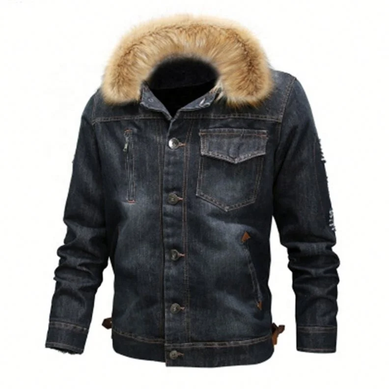 

Designer Autumn Winter Casual Thick Denim Jacket Retro Collar Cashmere Men's Coat, Black/blue