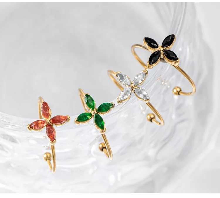 

New Fashion Jewelry Classic Design Open Stainless Steel Gold Plated Clover Zircon Women Adjustable Engagement Ring