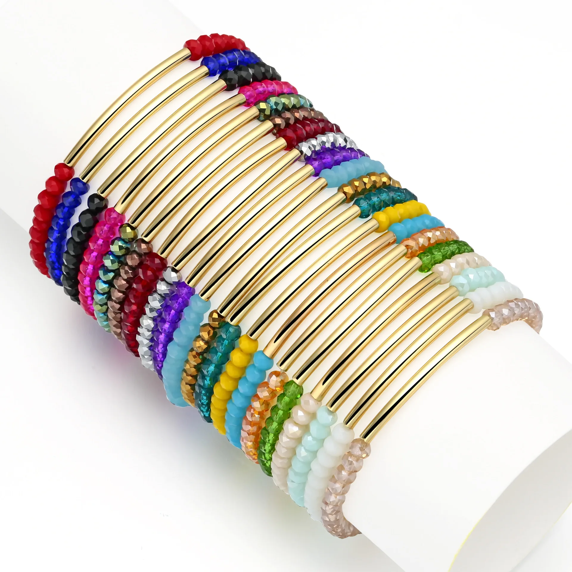 

Wholesale DIY Faceted Gold Stick Beaded Bracelet European Hot Selling Colorful Glass Crystal Bracelet For Women
