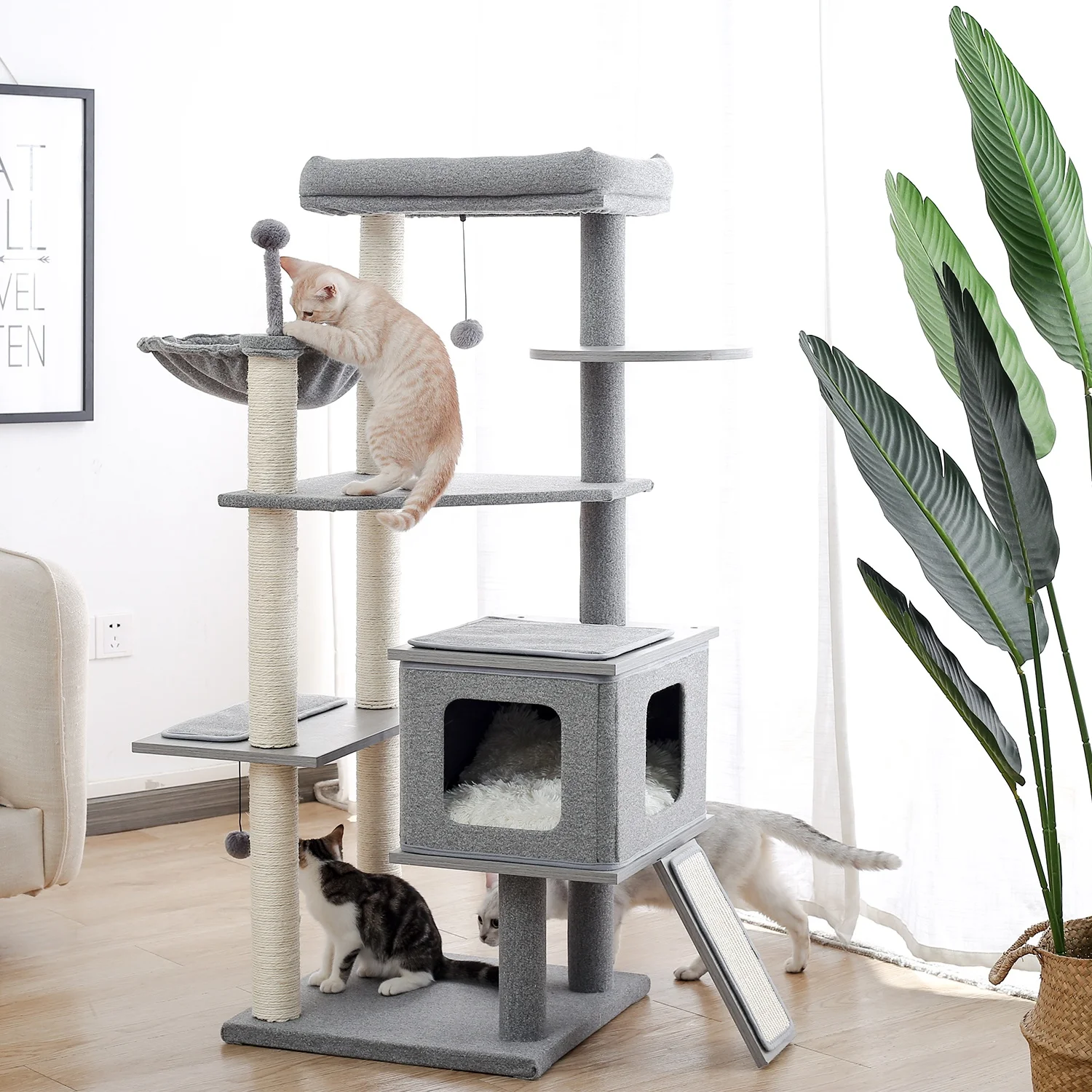 

Multi-level Wooden Cat Tree Cat Scratching Post Cat Climbing Tree Grey, Gray