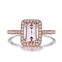 

925 Sterling Silver Jewelry 18k Rose Gold Plated Emerald Cut Engagement Halo Morganite Ring
