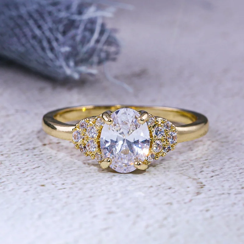 

Luxury Female Oval White Zircon Ring Fashion Yellow Gold Color Wedding Ring Unique Style Promise Engagement Rings For Women
