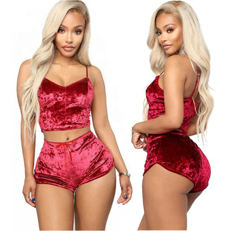 

Hot Sale Sexy Velvet 2 Pieces Romper Outfit Nightgown sets Velvet Short Ladies Velour Pajama Set Casual Sleepwear Women Pajamas