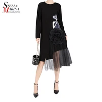 

Latest Fashion Design Women Clothing Mesh Big Flower Stitched Tulle Tutu Swing Elegant Ladies Long Black Dress 5461