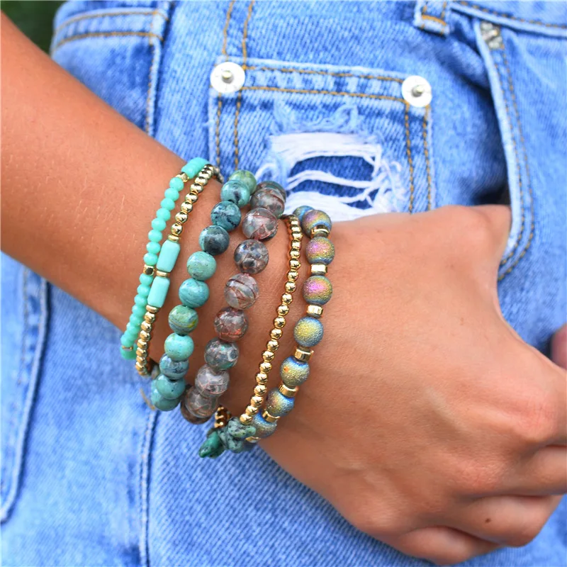 

Fashion Jewelry 6PCS Natural Gemstone Bead Bracelet Multi Layer Healing Crystal Stone Stretch Bracelet
