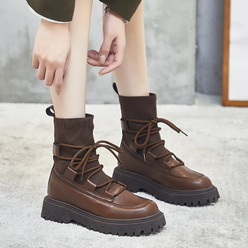 

New fashion winter boots pu leather casual shoes women high platform boots brown boots for women