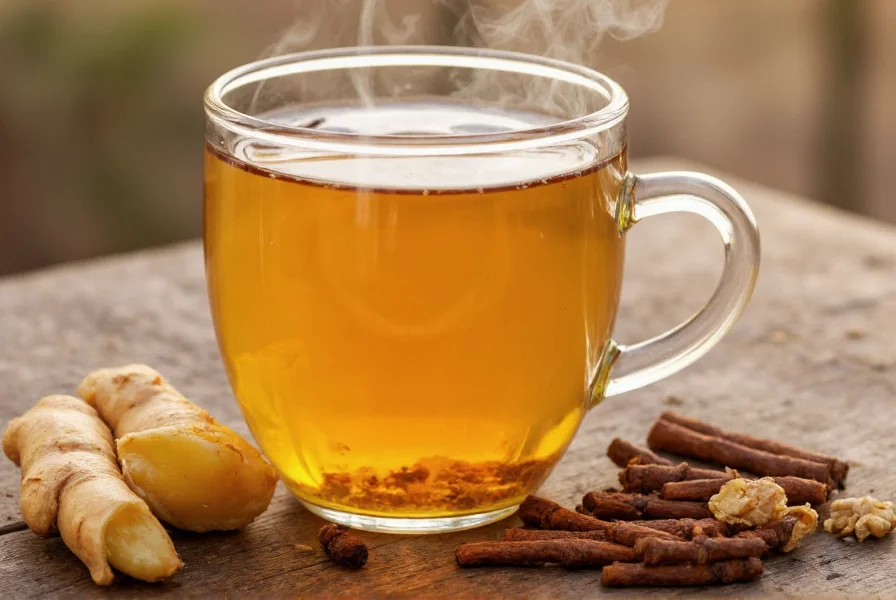 Mug of golden ginger and cloves tea with steam rising, fresh ingredients beside it