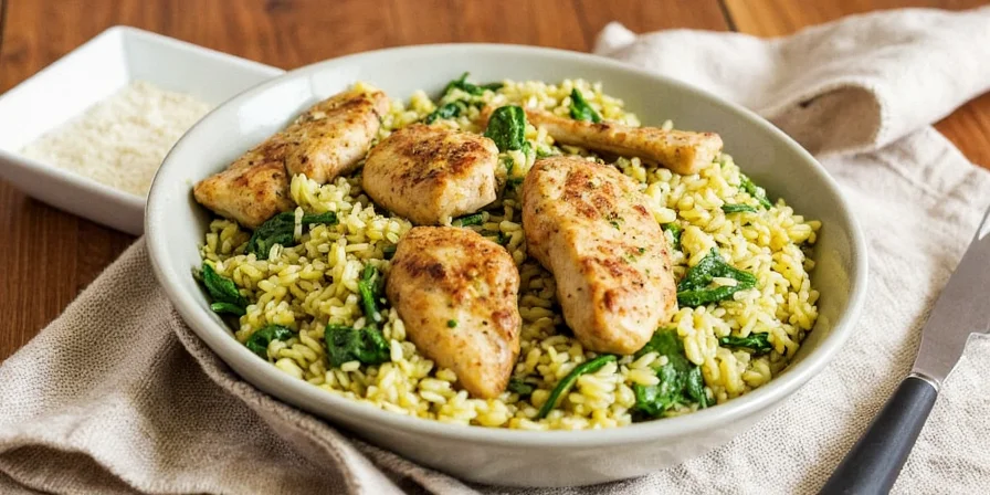 A colorful curry-style spinach chicken and rice bowl