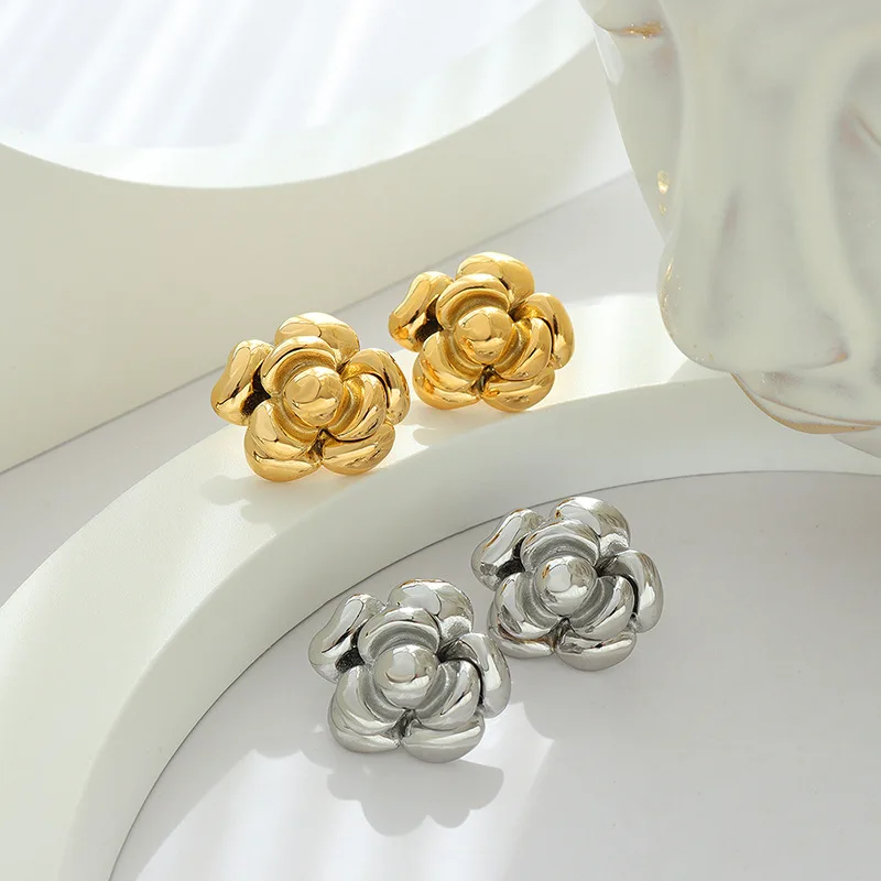 

Non Tarnish Gold PVD Plated Stainless Steel Exaggerated Chunky Statement Large Camellia Flower Stud Earrings For Women