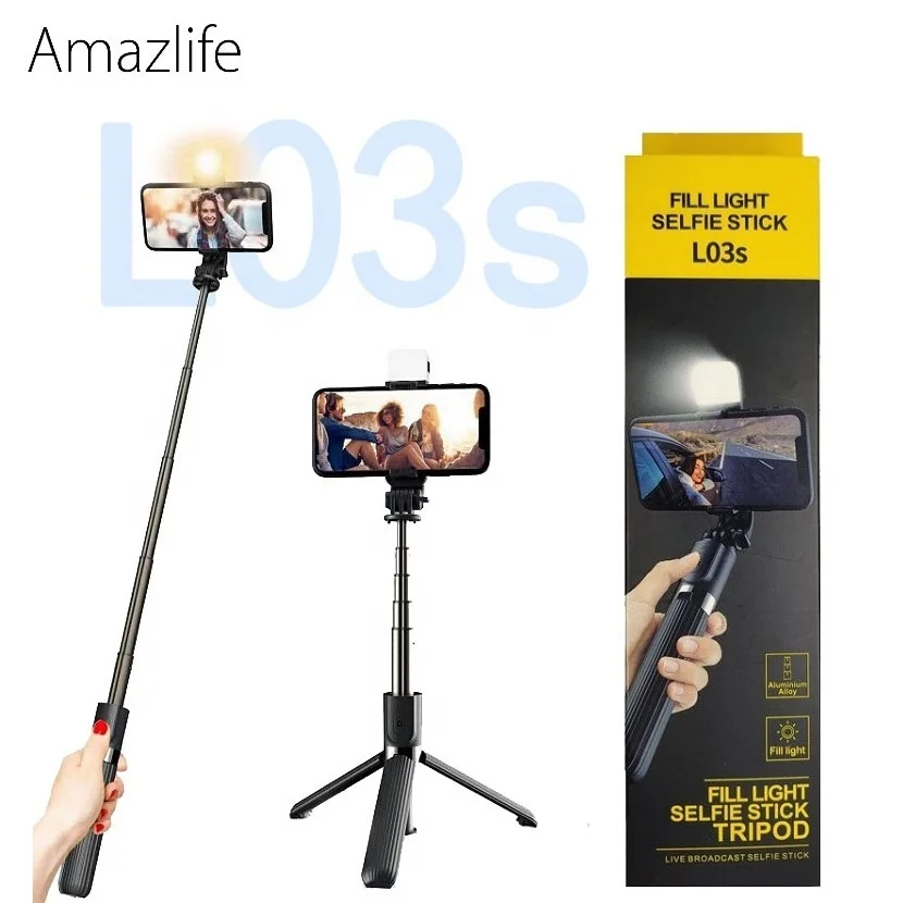 

Amazlife L03s Foldable Aluminum Wireless Bluetooths Remote Smartphone Monopod LED Fill Light Tripod Selfie Stick Stand