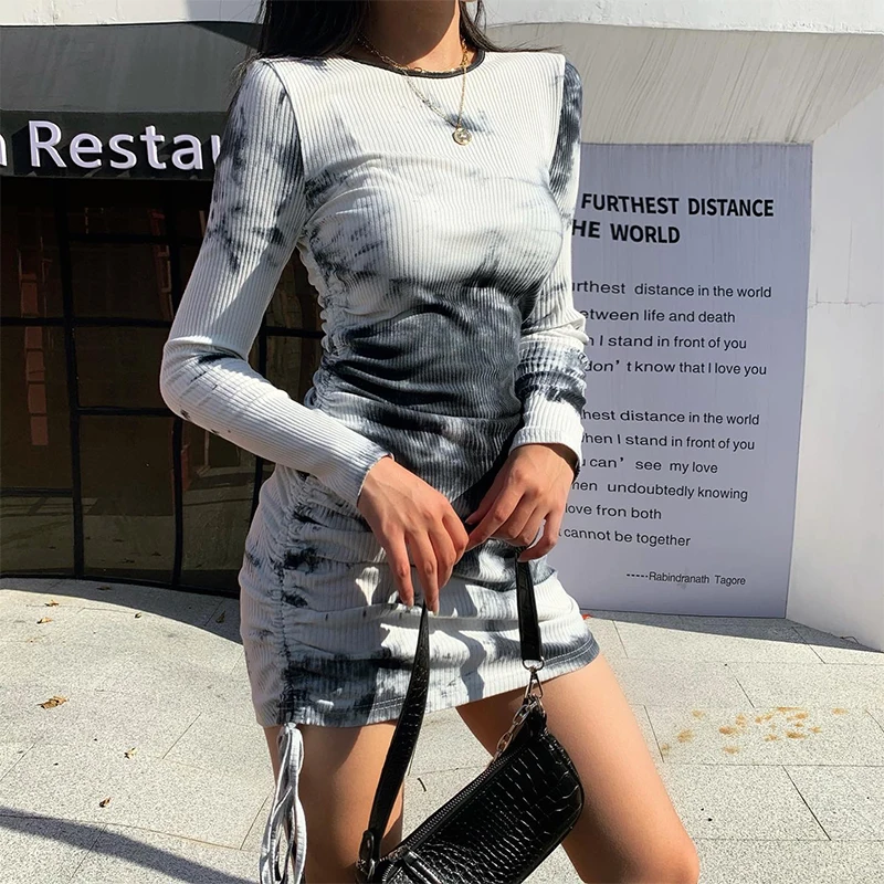 

Women Sexy Slim Tie Dye Print Slim Long Sleeve Pleated Dress Fashion Casual Mini Dress, White