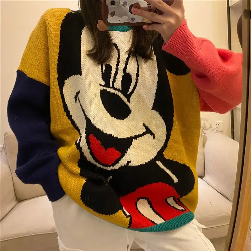

New round neck western style cartoon mouse printing loose women sweater