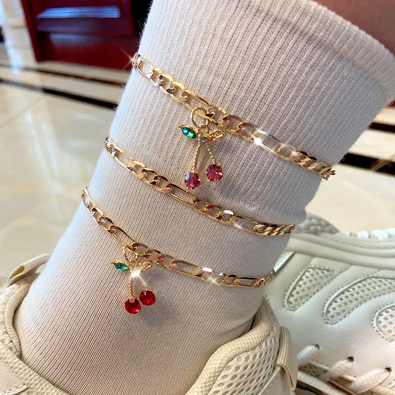 

Cute Foot Jewelry Accessories Gift Gold Plated Fruit Ankle Bracelet 2Pcs/Set Sweet Crystal Cherry Anklet for Women, Gold silver color