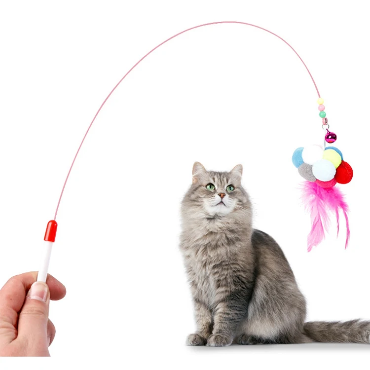 

High Quality Steel Wire Feather Cat Toy Teaser Stick with Ball and Bell, As pictures