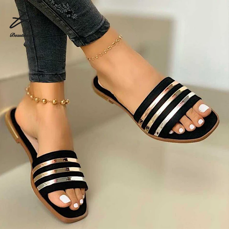 

New design women's strap metalic flat shoes lady slipper slides sandal