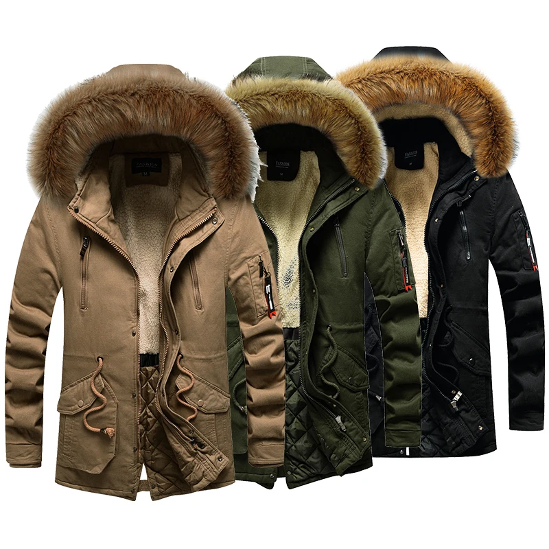 

Windproof Outdoor Winter fur brim Hooded Parker Overcoat Long coats Jacket For Man, Black/army green/khaki