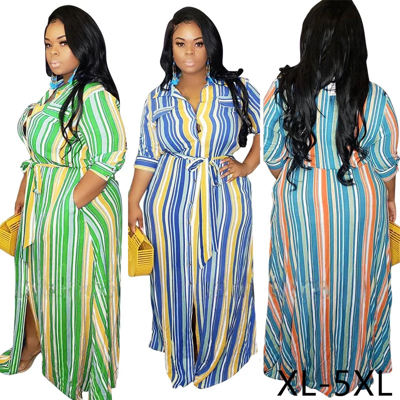

Pregnant woman skirt Striped cardigan big swing skirt belt plus size women dress