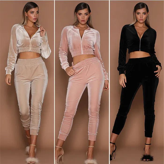 

LX1150 High quality crop top sweatsuit sweatpants jogging suits outfits 2 piece set velvet tracksuit for women