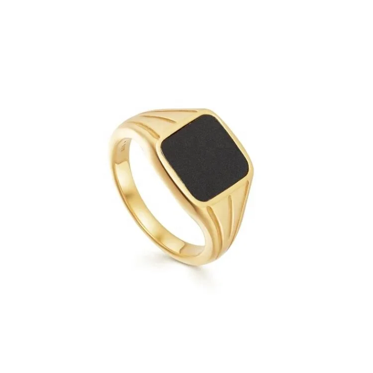 

Wholesale Custom Hypoallergenic Women's Jewelry 18K Gold Plated Stainless Steel Black Enamel Signet Ring