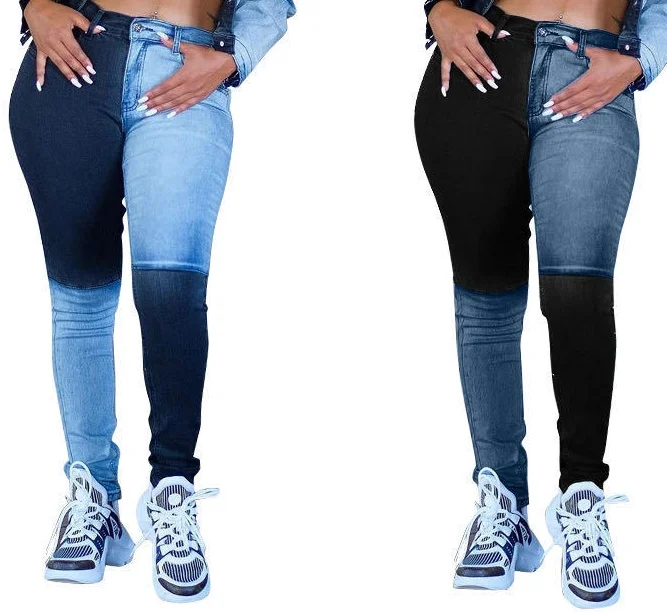 

D8379 2021 contrast color stitching ladies denim trousers two tone jeans fashion straight casual women skinny jeans lift butt
