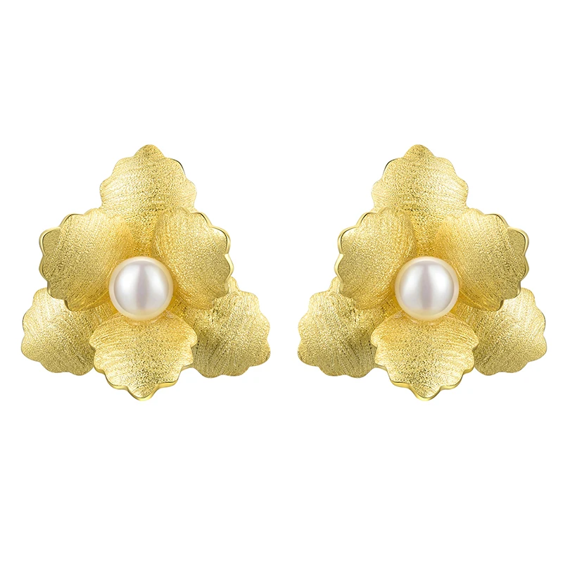 

Lotus fun fashion diamond fine jewelry Baroque pearl stud earrings set 925 sterling silver with 18k gold plated for women lady