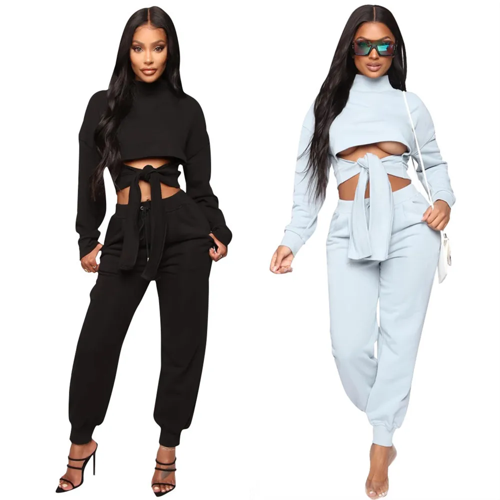 
Fashion solid color long sleeve crop tops comfy matching two piece set outfit women clothing 