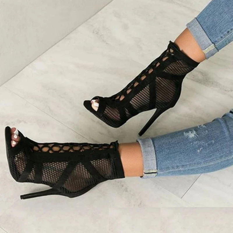 

2022 Designer Shoes Fashion Heel Summer Women Lace Up Cross-tied Peep Toe High Heel Ankle Strap Net Surface Hollow Out Sandals