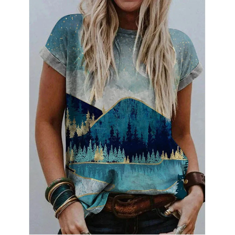 

GZ-YCX014 2021 Wholesale Summer Women Short Sleeve Round Neck Shirt Manufacturers Fashion Scenery Printed Ladies T Shirt