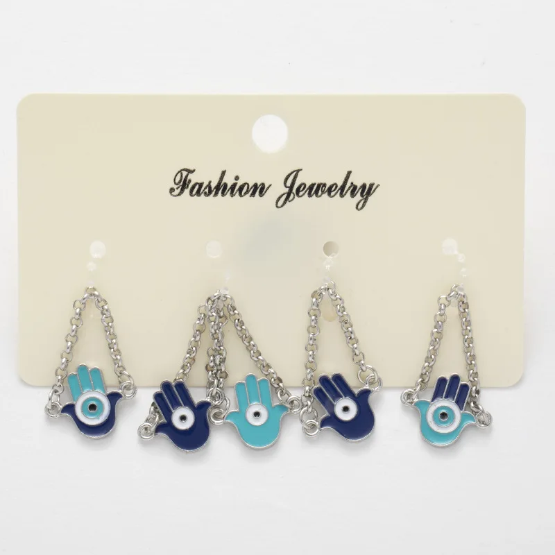 

Characteristic Palm Shaped Evil Eyes Rings Three Color Matched Oil Drop Chained Eyes Rings For Women