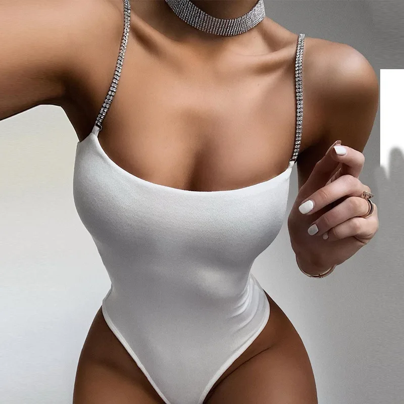 

2021 European and American Hot-selling Summer New Style Diamond Chain Sling Sexy Halter Bodysuit, Black,white