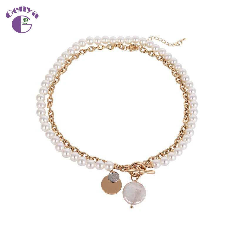 

Genya Two piece pearl pendant fashion Ins chain personality street Baroque style necklace choker chain, As picture