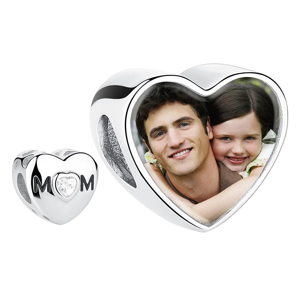 

Original Sterling Silver 925 Heart Charms Love Mom Pendant Fit Bracelet DIY Custom Photo Jewelry Making Accessories