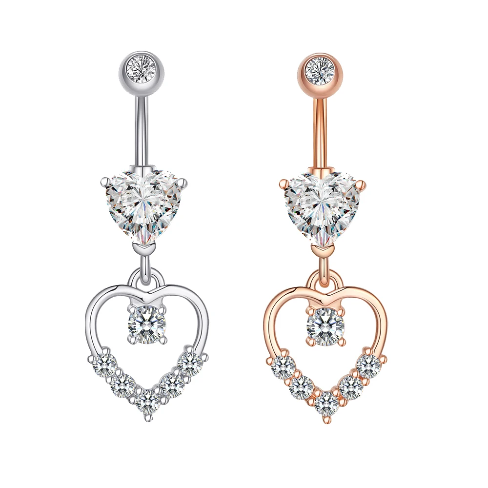 

Heart Inlaid With Zircon Belly Button Rings Clip on Display High Quality Stainless Steel Silver Navel Ring Jewelry, Sliver and rose gold