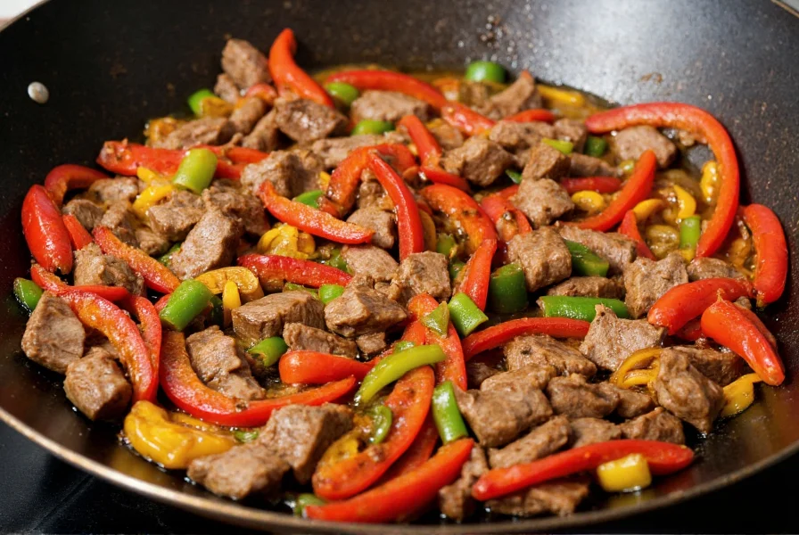 Steak and pepper stir fry in wok showing perfect glossy sauce coating ingredients