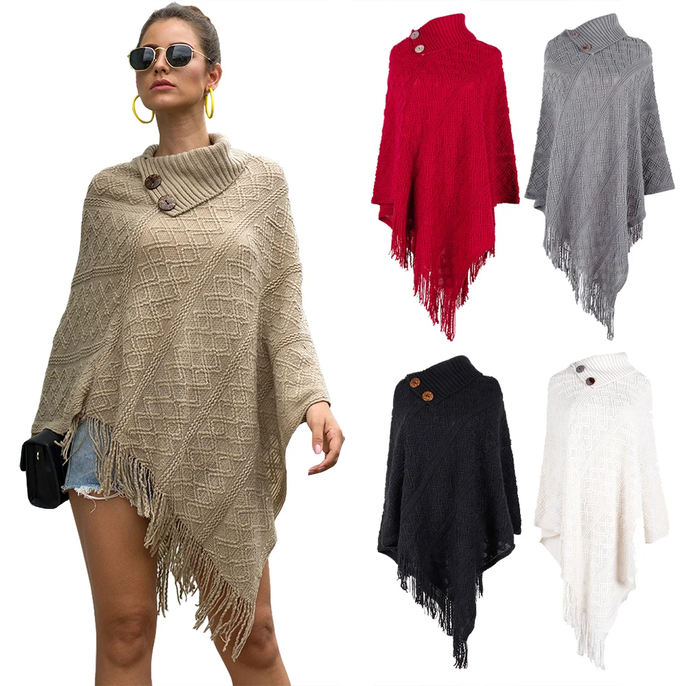 

2021 Autumn and winter button Half open collar sweater cloak Oversized sweater ladies Fringe sweater