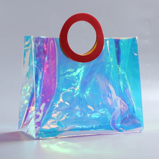 

2021 amazon custom Logo PVC holographic tote bag ladies jelly beach plastic handbags for women hand bag, Shopping bag beach bag