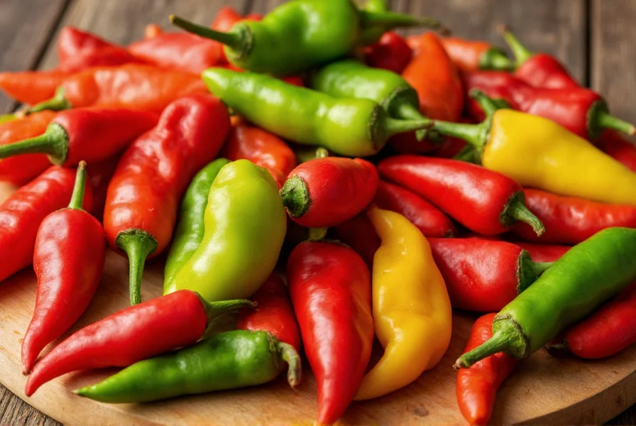 Close-up view of various chile pepper varieties showing different colors, shapes, and sizes arranged on wooden table