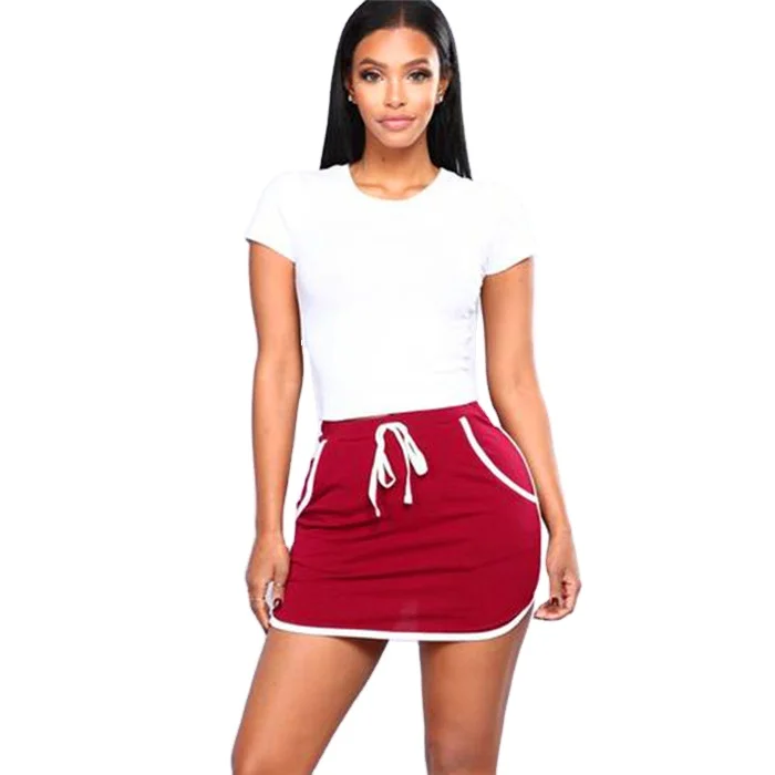 

2019 fashion Women Tennis Minskirt Yoga Stripe Drawstring Sports Skirt, Black,red