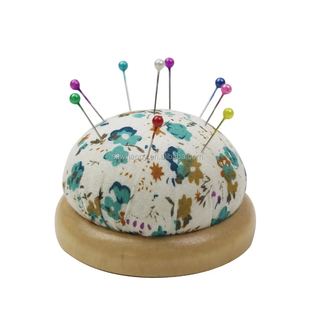 Needle Pin Cushion Wooden Base Flower Printing Pincushion Pins Holder