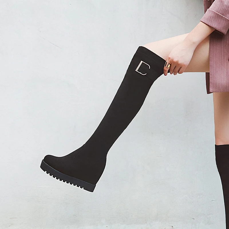 

Autumn Round Head Knee High Platform Anti-Slip Women's Wedge Boots 7cm, Black