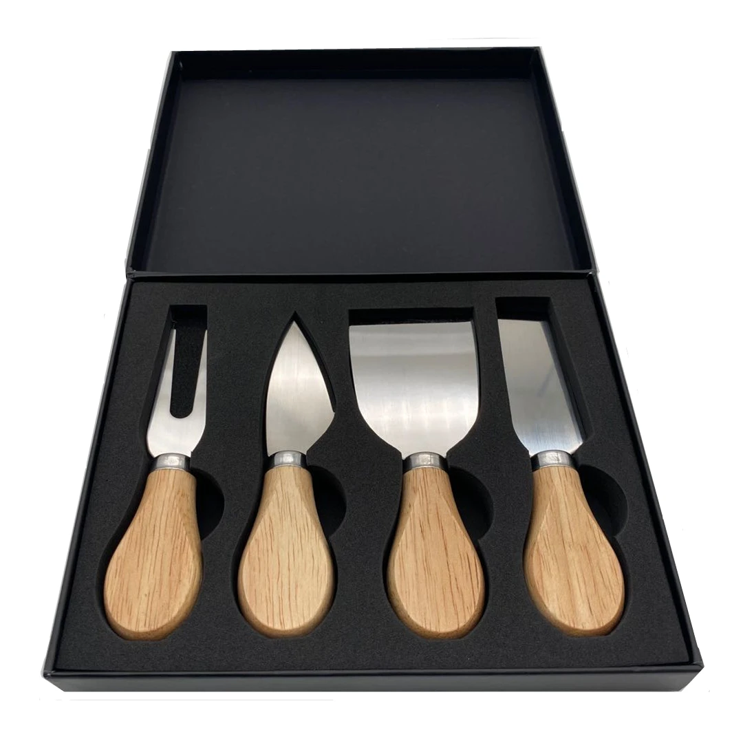 

Amazon Professional Customize Logo Wooden Handle Stainless Steel Cutter Gift Box Set 4 Piece Cheese Knife Tools