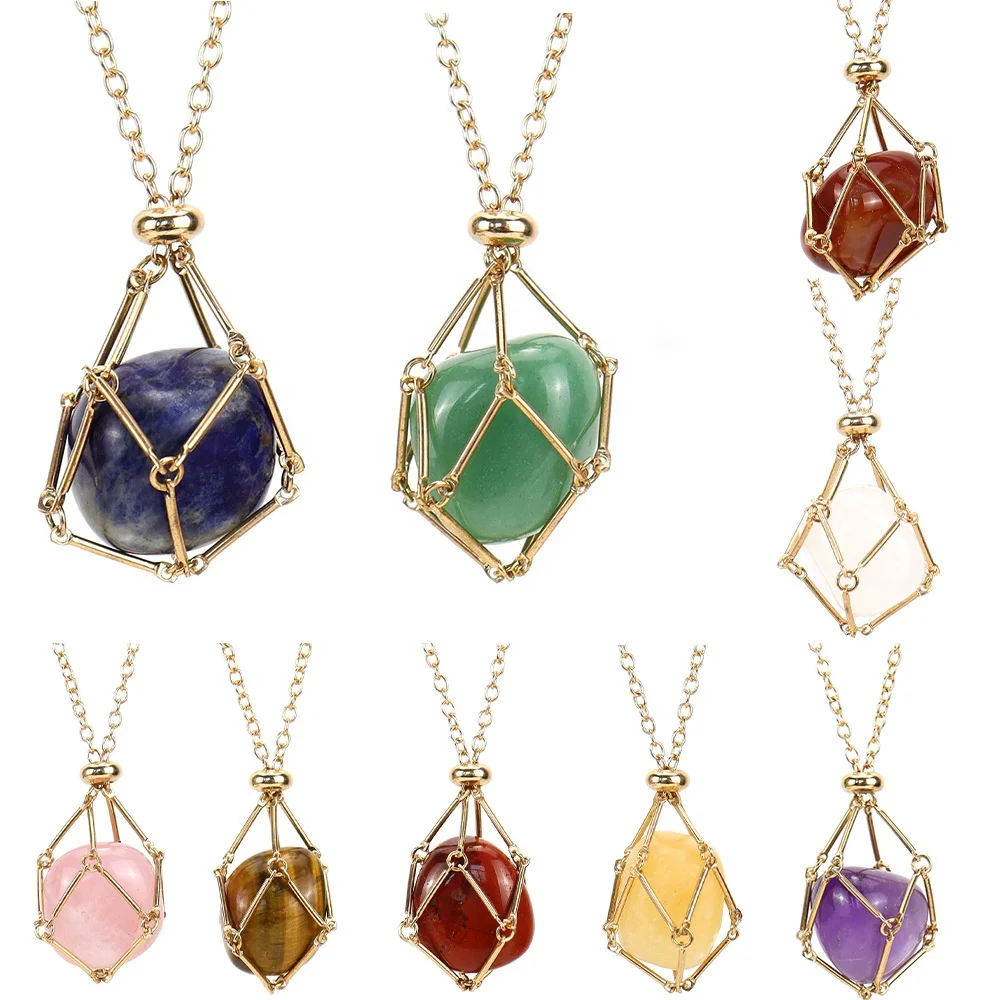 

Trend Wholesale Adjustable Stainless Steel Net Mesh Chain Natural Healing Gemstone Crystal Pocket Tumble Stone Pendant Necklace