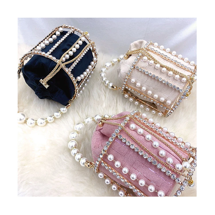 

Mini Pearl Beaded Bucket Bags Rhinestone Evening Clutch Women Hollow Cage Diamonds Alloy Metallic Handbags Female Party Totes