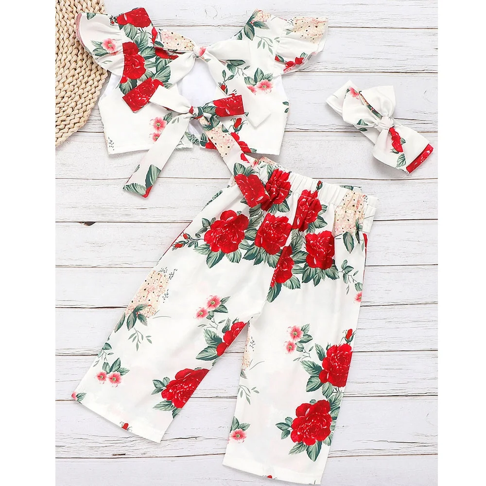 

2021 summer latest hot sale Girls' rose printed soft and comfortable three-piece set