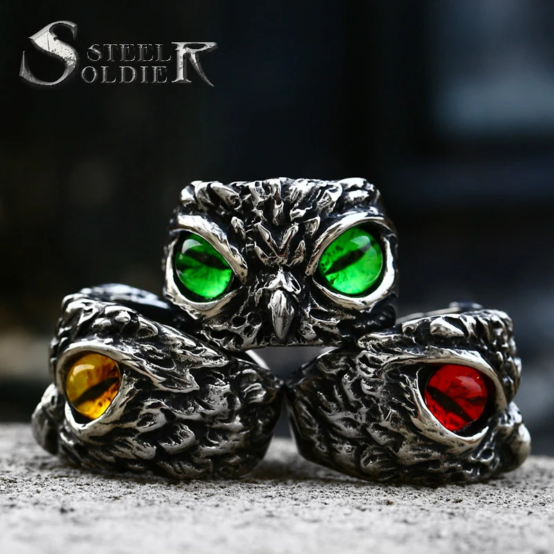 

SS8-908R Creative Design 316L Stainless Steel Viking Owl Ring Vintage With Natural Colorful Red Green Eyes Charm Men's Jewelry