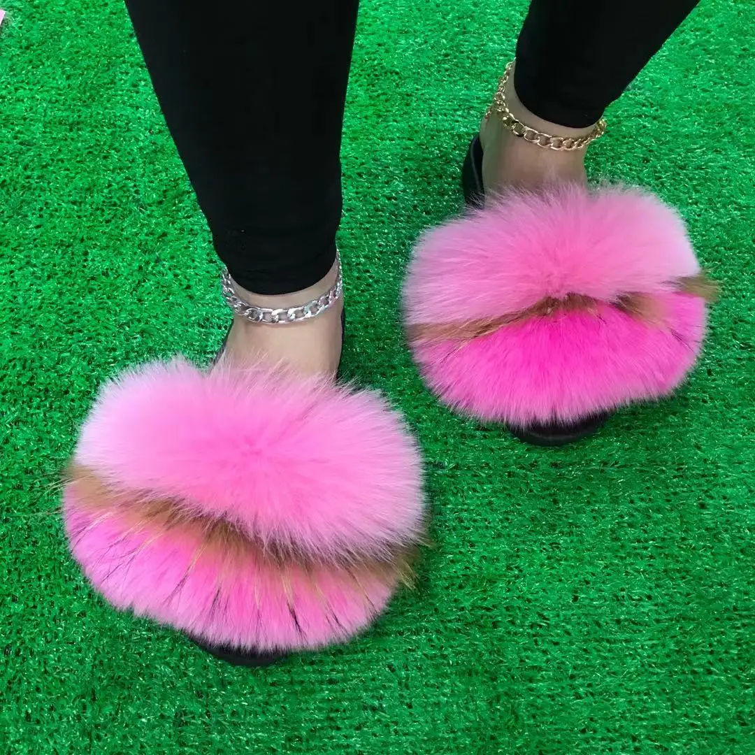 

Fur indoor slippers black fox fur slides fur slides real fox, Color matching or can be customized according to requirements