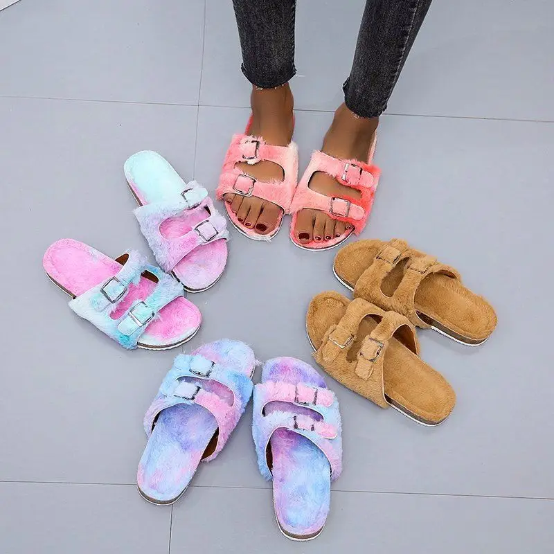 

TOP Fashion tie dye Comfortable fuzzy slides Ladies sandals fur slides women winter slippers
