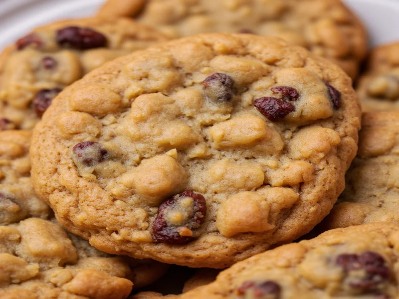 Close-up of chewy oatmeal raisin cookie with visible raisins